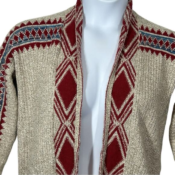 Lucky Brand Aztec Drape Wrap Cardigan Sweater Small Red Beige Tribal Pockets - Picture 3 of 13